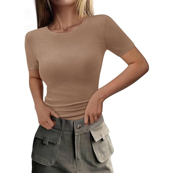 Tops - Women’s Ribbed Knit Crew Neck Top Summer Short Sleeve Casual Basic Tee